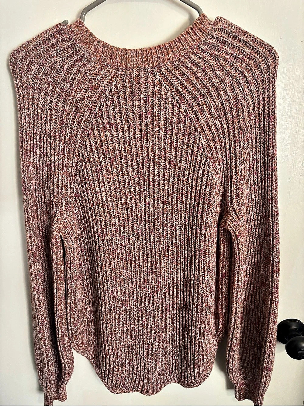 FRAME Marled Raglan Crewneck Sweater Ribbed Knit Sweater in Pink & Orange Size m